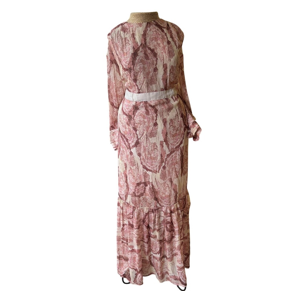 Dixie Dress Womens XS Pink White Floral‎ Long Sleeve Maxi Sheer Ruffle Boho Chic